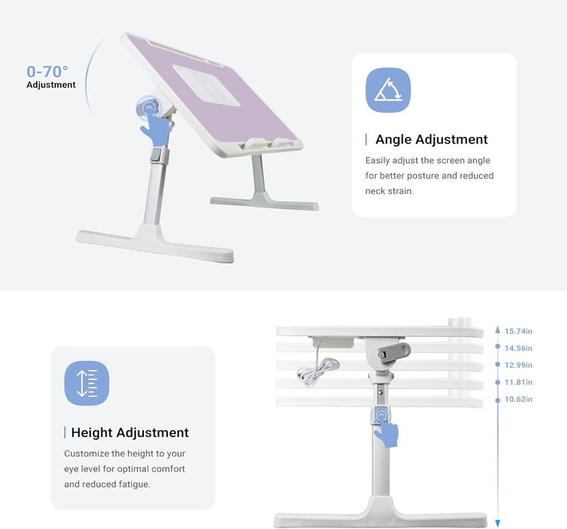 XTRA Laptop Lap Desk Include Cooling Fan,Adjustable Lap Desk with Light Fan,Folding Laptop Desk for Bed with USB,Bed Desk with Storage Drawer 56x32cm,Purple - Image 3